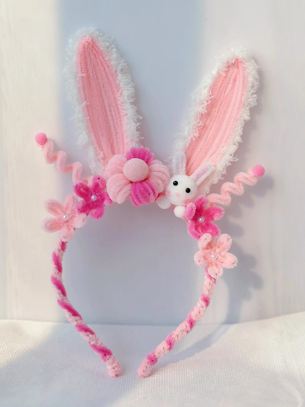 Handmade Bunny Ear Headband Pink Floral Rabbit Hair Accessory