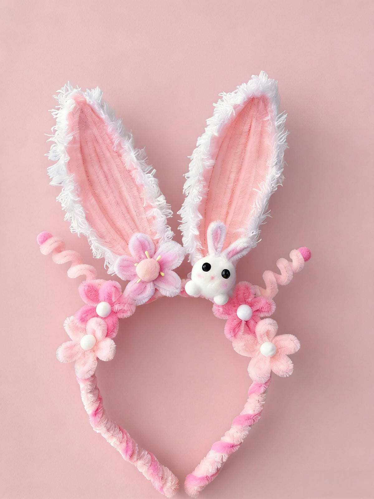 Handmade Pink Bunny Ear Headband with Floral Accents Cute Rabbit Hair Accessory