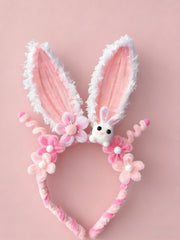Handmade Pink Bunny Ear Headband with Floral Accents Cute Rabbit Hair Accessory