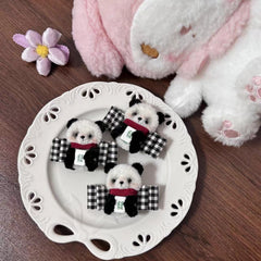 Plush Bear Hair Clips with Blue Gingham Bows Cute Kawaii Hair Accessories