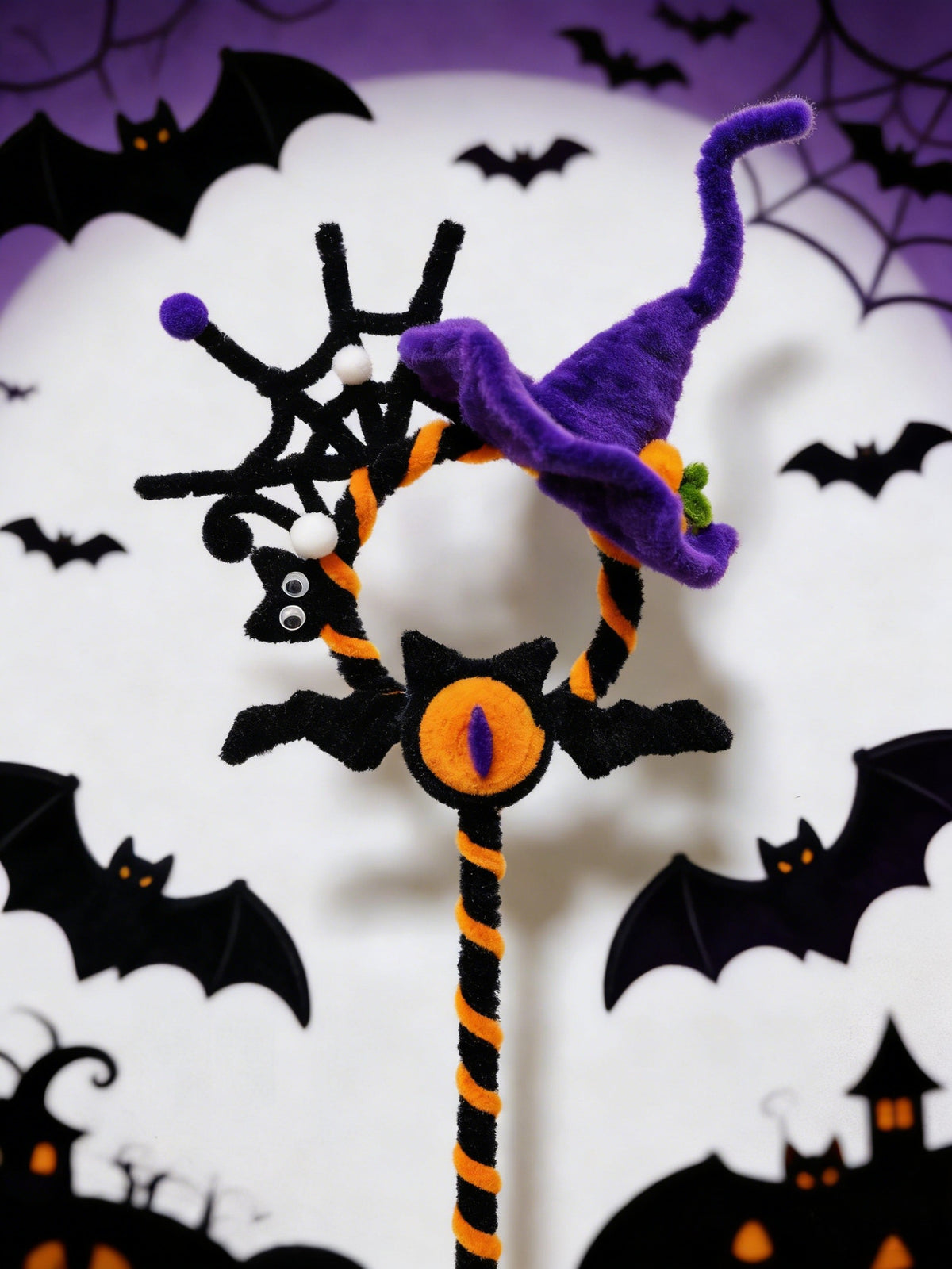 Spooky Halloween Pipe Cleaner Wand Witch Hat & Spiderweb Magic Staff