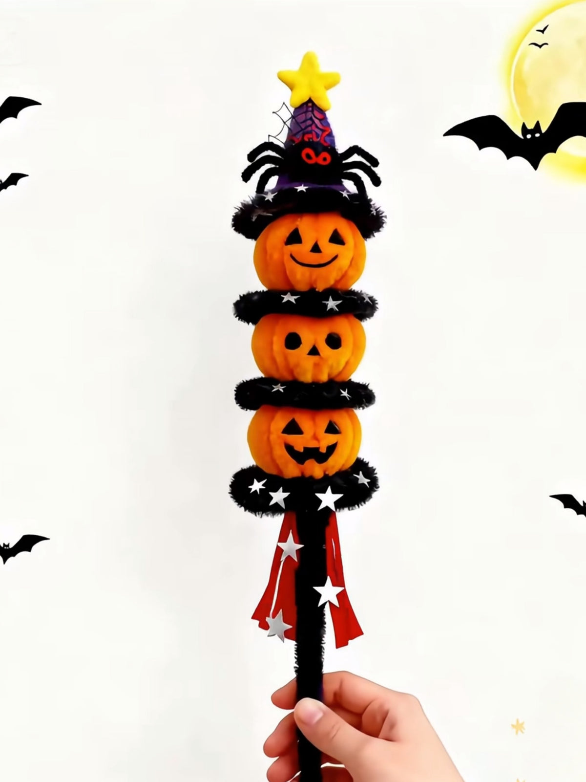 Halloween Stacked Pumpkin Wand Spider & Star Topped Magic Staff