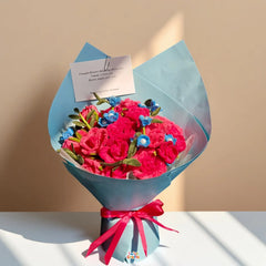 Red Rose & Blue Accent Twisted Flower Bouquet