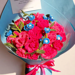 Red Rose & Blue Accent Twisted Flower Bouquet