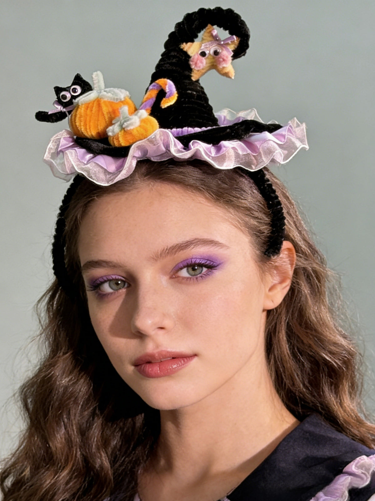 Handmade Halloween Witch Headband Cat & Pumpkin Pipe Cleaner Hair Accessory