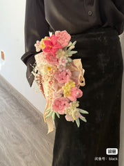 Handmade Pink & Yellow Floral Bouquet with Pearls & Ribbon
