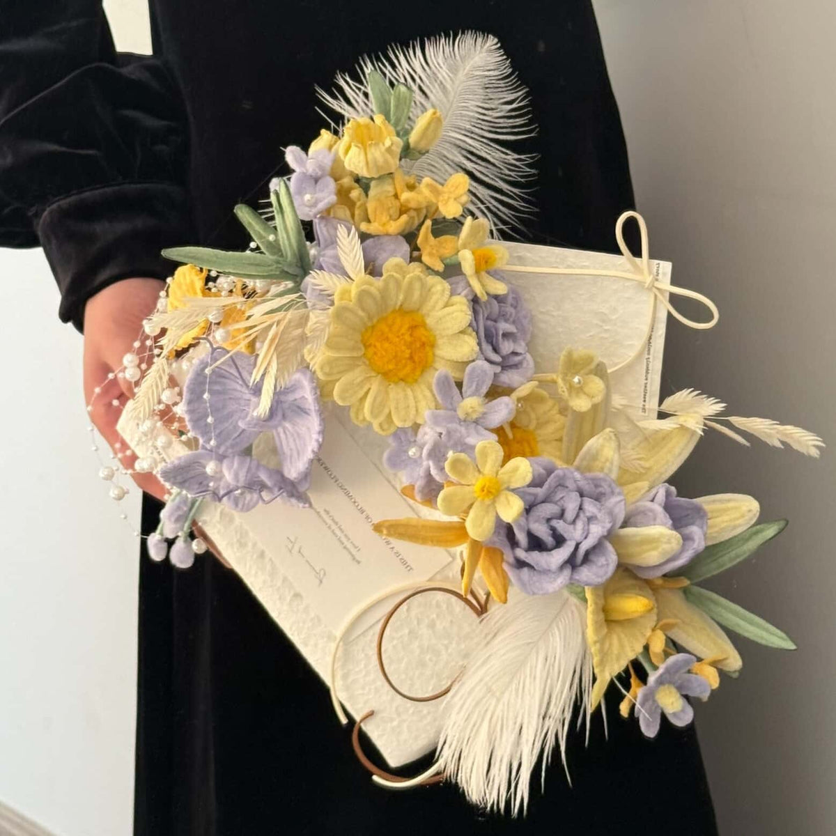Yellow & Lavender Twisted Paper Bouquet with Feathers & Book Accent