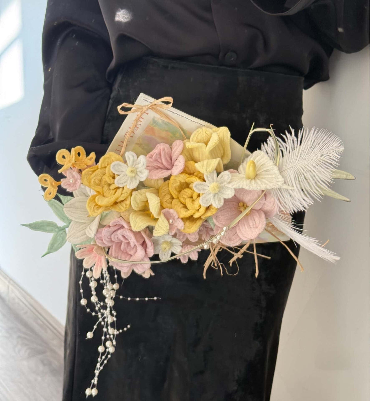 Yellow & Pink Twisted Paper Bouquet with Feathers & Pearl Accents