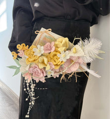 Yellow & Pink Twisted Paper Bouquet with Feathers & Pearl Accents
