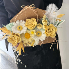 Yellow & White Twisted Paper Bouquet with Feathers & Kraft Base